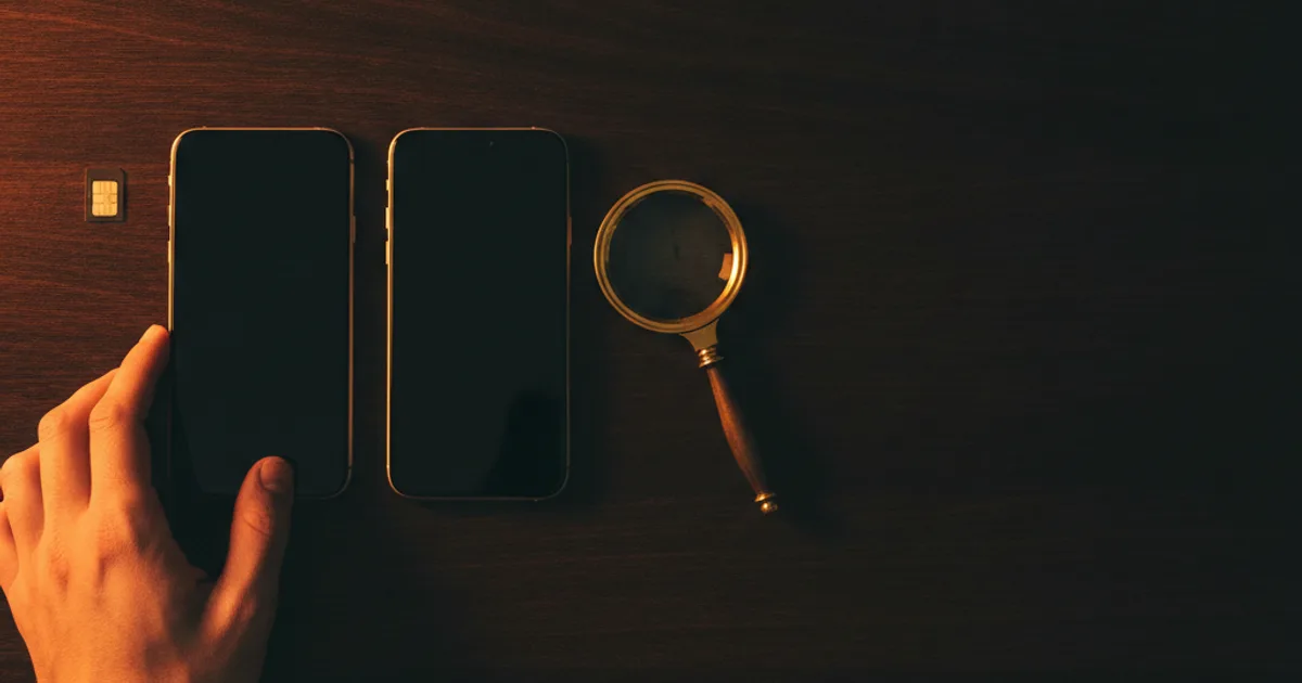 Two phones with dark screens on a desk next to a nano-SIM card and a magnifying glass, a hand reaching for one of them